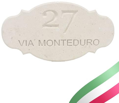 Targa Personalizzata con Nomi/Via in Pietra Leccese, Modificabile con Fori, Targhetta Porta Ingresso con Numero Civico Esterno Made in Italy 19x10H cm - PRODUZIONE MONTEDURO