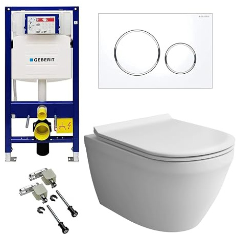 Alpenberger Hänge WC Komplettset | Wand WC Spülrandlos | Toilettendeckel mit Absenkautomatik | Spülkasten Bausatz Betätigungsplatte | Vorwandelement WC Set Komplett | Passend Geberit (8200 CS)
