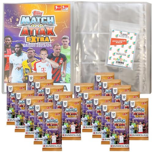 Bundle mit Topps Match Attax EXTRA Bundesliga 2023/24-1 Leere Sammelmappe + 20 Booster + Exklusive Collect-it Hüllen
