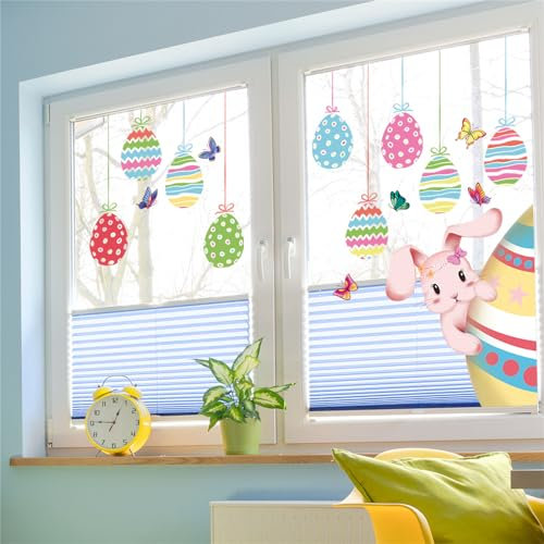 Hiseng Ostern Fensterbilder Selbstklebend, Ostereier Fensterdekoration Ostern 2 Blatt Fensteraufkleber Frühling Schmetterling Rosa Kaninchen Doppelseitig Fenster Aufkleber (Ostereier)