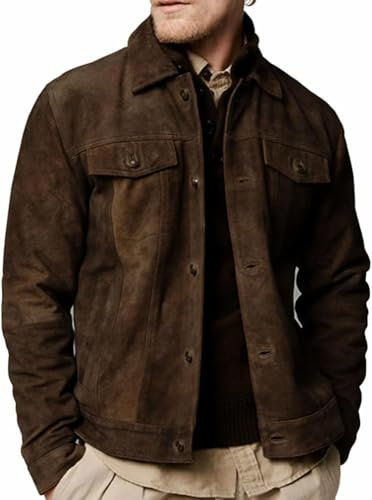 Chaqueta vintage de piel de cordero auténtica para hombre, chaqueta de piel de cordero auténtica, chaquetas de cuello de camisa para hombre, Gamuza de cuero marrón oscuro, Small