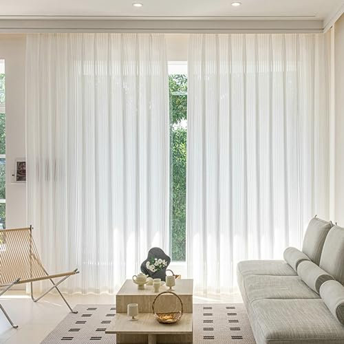 Epinki Weiß Voile Vorhang 2er Set, Smat Halbtransparent Vorhang Voile, Ösen Vorhänge Polyester Fenstergardinen für Wohnzimmer, Jeder B 86 x H 115cm