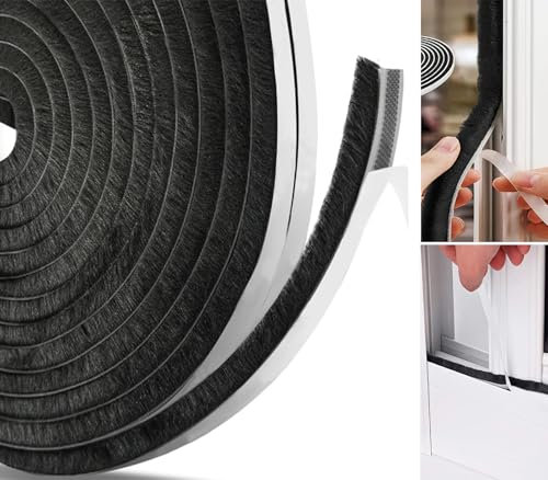 AFAXINRIE Door Draft Excluder, Window Draught Excluder, 5Meters(L) x 9 mm(W) x 5mm(T) Self-Adhesive Brush Seal Strip Air Stopper for Doors, Window- Black