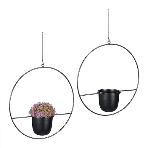 Relaxdays Fioriera Sospesa da Interni, Set da 2, Ø 34,5 cm, Portafiori Metallo da Appendere da Esterno, Portavaso, Nero, Ferro