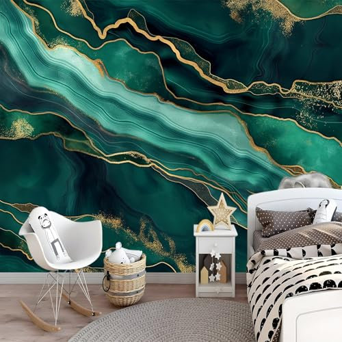 Papier Peint Panoramique Marbre Turquoise Vert Émeraude, 300 x 210 cm Papier Peint Intissé Personnalisé Photo Murale pour Salon Chambre d'enfants restaurant Appartement Décoration Murale