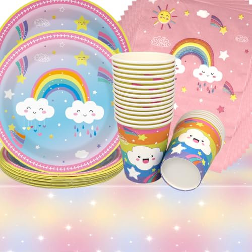 Doyomtoy Vajilla para Fiesta de Arco Iris,61 Piezas Fiesta Temática Niñas Decoraciones de Cumpleaño de Arco Iris Platos Tazas Servilletas de Suministros de Fiesta