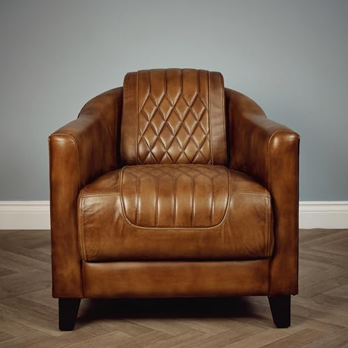 Elm home and garden Genuine Real Leather Reading Arm Chair Wing High Back Queen Anne Tan Brown Grey Aviator Tub (Brown)
