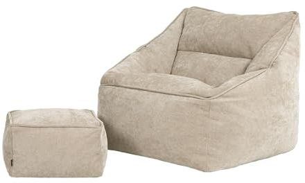 Icon Natalia Sitzsack Sessel mit Hocker für Erwachsene, Beige, Flauschiger Chenille Stoff, Riesen Sitzsack mit Füllung, Bean Bag Chair, Bequemer Sessel, Lounge, Schlafzimmer, Wohnzimmer Möbel