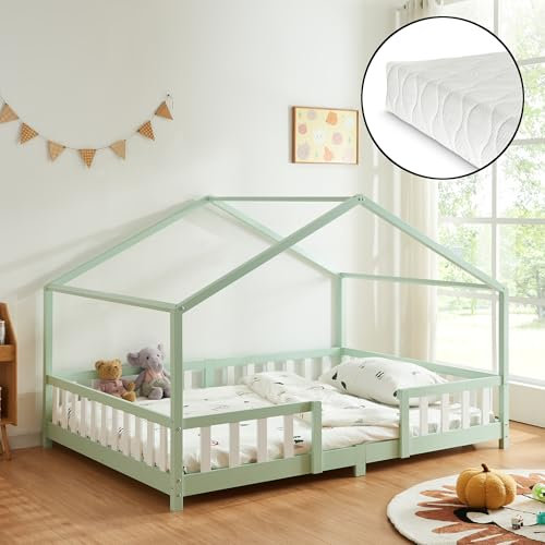 [en.casa] Kinderbett Treviolo mit Matratze 140 x 200 cm Hausbett Holzbett für Kinder mit Rausfallschutz Montessori Bettgestell mit Lattenrost Spielbett Kiefernholz Mintgrün