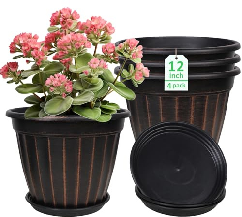 FGstyle 12 Inch Pots for Plants,4 Pack Tall Planters,Large Flower Pots with Drainage Hole & Saucer,Decorative Outdoor Planter for Planting Medium Large Plants(Black