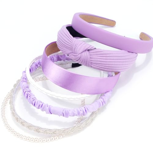 VELSCRUN Headbands for Women 7 Pcs Different Bright Purple Fashion Knotted Solid Head Bands Pearl Headband Non Slip Thin Hair Band for Womens Gilrs Thick Short Hair Face Wash Hair Accessories