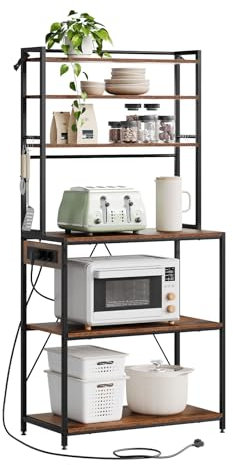 WOLTU Étagère Cuisine avec Multiprise, 6 Niveaux Support Micro-Ondes avec Étagère Réglable & 6 Crochets, Rangement Cuisine, Cadre en Métal & Bois d'Ingénierie, Noir+Marron Rustique, 80x39,5x167cm