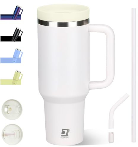 Riley Joy Thermobecher mit Strohhalm und Griff 1.2L,12h heiß/24h Eis Trinkflasche,Vakuum-Isoliert mit Deckel,BPA-frei, Doppelschicht-Edelstahl Vakuum auslaufsicherer Trinkbecher