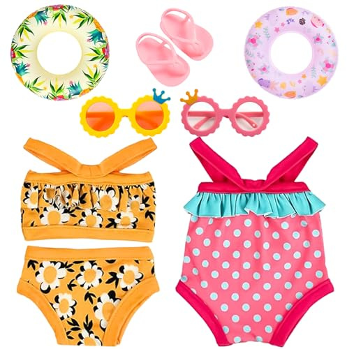 Traje de Baño para Muñecas,7 Pcs Ropa para Muñecas Bebé de Verano,Conjunto de Baño para Muñecas con Bañadores Muñecas,Anillo de Natación,Gafas de Sol,Chanclas,Accesorios para Muñecas Bebés de 35-45cm