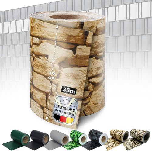KARAT Sichtschutzstreifen PVC | Sichtschutzfolie Gartenzaun oder Balkon | inkl. 20 Befestigungsclips | für Einzel- und Doppelstabmatten geeignet | 19 cm x 35 m | Stein-Optikgrob