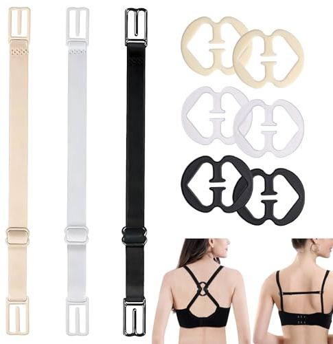 9 Pcs Detachable Bra Strap Clips,Soft and Comfortable Elastic Racer Back Bra Strap Clip,Non-Slip Adjustable Bra Strap Converter,Fits All Cup Sizes and All Bras,Racer Back Tank Tops(Black+White+Nude)