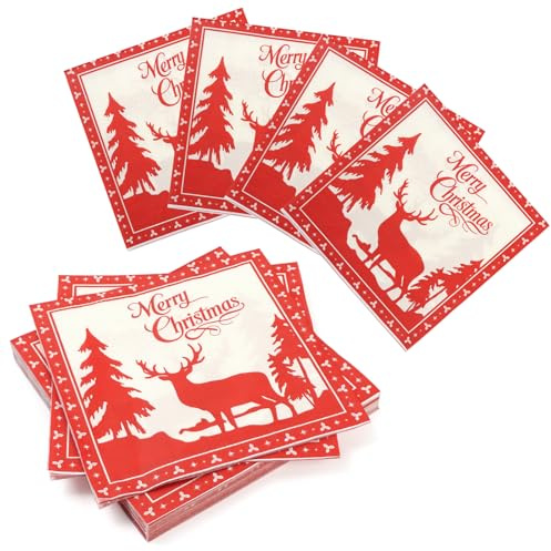PARTY GO 40 Stück 33x33cm Servietten Weihnachten Rot,mit Rentier Muster,für die Tischdekoration zu Weihnachten