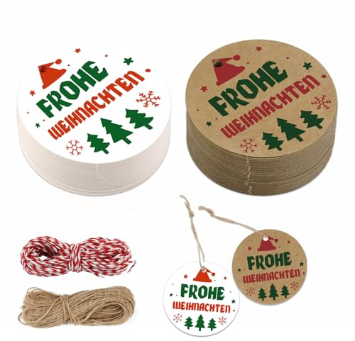 Geschenkanhänger Weihnachten, 100 Stück Etiketten Zum Beschriften, Anhänger Weihnachten Mit Schnur, Etiketten für Flaschen, Kraftpapier Geschenk Anhänger für DIY Weihnachten Deko Verpackung
