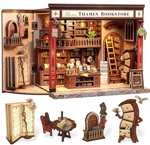 CUTEBEE Book Nook Kit - Casa De Muñecas para Adultos, Librería Británica Encantada, Casa Miniatura DIY con Luces LED, Decoración para Estanterías, Regalo (Thames Bookstore)