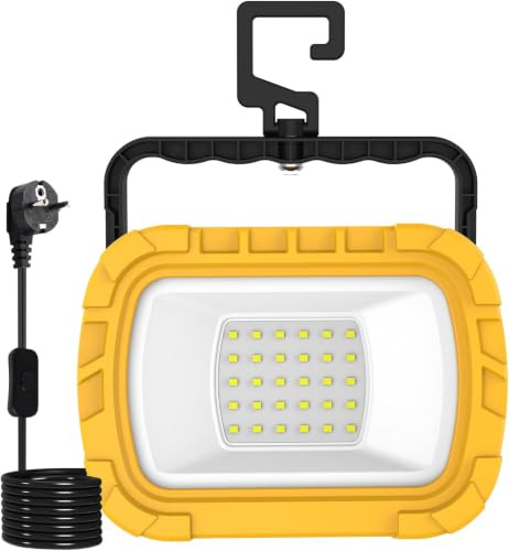 T-SUN 30W Foco LED Portátil, 1000LM Foco Trabajo LED con Enchufe y Cable de 1,8 m, Soporte Plegable, Blanca Fría de 6500K, Luz de Trabajo Impermeable para Garajes, Talleres y Obras- 1 Piezas