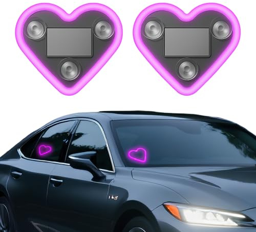 2 Pcs LED Heart Car Lights, Solar and USB Charging Heart LED Neon Light with Switchable 5 Modes, IP65 Waterproof Funny Car Accessories for Window (Pink)