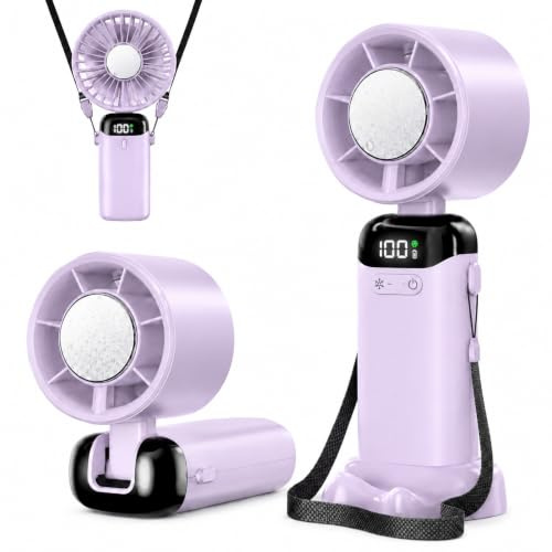 Jsdoin Petit Mini Ventilateur Portable, Mini Ventilateur à main usb Portatif Portable Rechargeable avec 5 vitesses écran LED pour la maison, bureau, chambre à coucher, voyages en plein air (Violet)