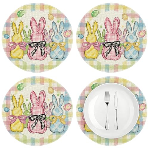 Tovagliette Rotonde per Pasqua, 4 Pezzi di Tovagliette con Motivo di Coniglietti, Sottopiatti, Decorazione Pasquale per Primavera Estate Cucina Ristorante Tavolo da Pranzo Feste, 36 x 36 cm (C)