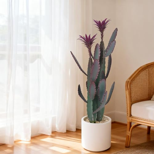 Crevyteg Künstlicher Saguaro Kaktus im Topf, Realistische Kunstpflanze Kaktus 96 x 22cm, Große Künstliche Sukkulente Pflegeleichte Pflanzen Deko mit Stein und Lila Blume für Zuhause, Garten, Büro
