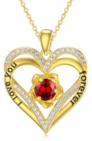 July Birthstone Necklace for Women 14K Gold Plated Love Heart Rose Flower Pendant with Ruby Birthday Wedding Anniversary Jewellery Gifts for Wife