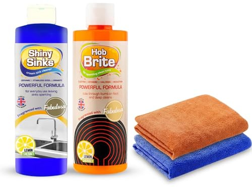 Hob Brite Multi-Surface Hob Cleaner 250ml & Shiny Sinks Sink Cleaner 250ml Bundle with 2 Microfibre Cloths — Non-Scratch Ceramic, Induction & Stainless Steel Cleaning Kit