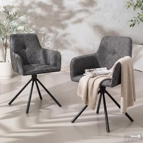 home24 Gartenstuhl 2er Set Metall Webstoff Schwarz Grau 61x61x86 cm | Gestell pulverbeschichtet, modernes Design, wetterfest, montiert geliefert, pflegeleicht, drehbar