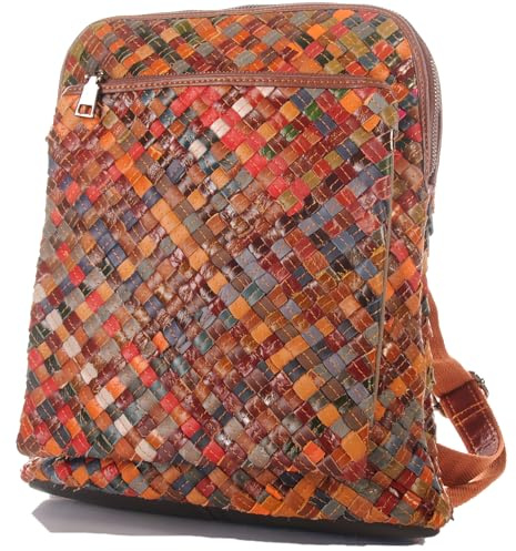 KMISSO Damen Leder Rucksack Patchwork geflochten 3 in 1 Schultertasche Handtasche multicolor mit Reißverschluss 29 x 34 x 11 cm