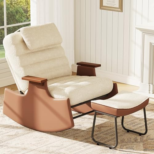 Schaukelstuhl mit Fußstütze, Relaxstuhl Sessel Wohnzimmer mit Eisener Armlehner und Verstellbarer Rückenlehne, Schaukelsessel mit Fußstütze, Stillsessel für Schlafzimmer, Hof, Terrasse (Beige-B)