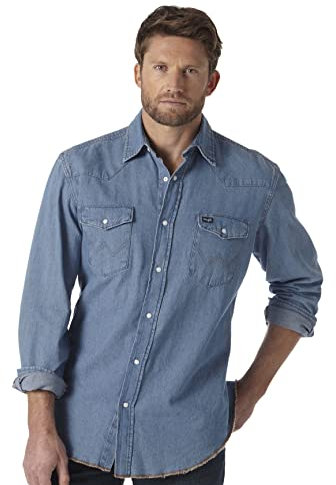 Wrangler Mens Cowboy Cut Western Long Sleeve Snap Work Washed Finish Button Down Shirts, Medium Blue Chambray, 18.5-38 US, Medium Blue Chambray, Medium