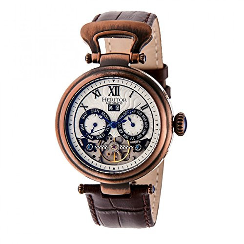 HERITOR Ganzi Automatic Watch for Men – 44mm Men’s Semi-Skeleton Watch with 35-Jewel Movement, 316L Stainless Steel Case, Sapphire-Coated Crystal, Leather Strap (HERHR3308) – Bronze