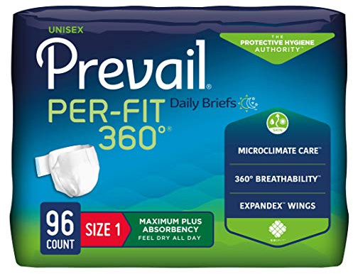 Prevail Per-Fit 360 Daily Incontinence Briefs, Unisex Adult Incontinence Briefs with Tabs, Maximum Plus Absorbency, Size 1, 80 Count (4 Packs of 20)