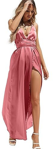 Yimeili Robe longue en satin pour femme - Col en V - Dos nu - Pour cocktail, fête, mariage, Rose pâle, Taille L