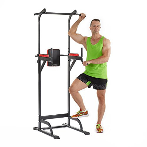 Relaxdays Power Tower Kraftturm, Klimmzugstange, Dipstation, verstellbar, Rückenpolster, Workout, 196-230cm, schwarz-rot