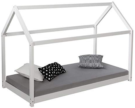 Homestyle4u 1849, Kinderbett Hausbett 90x200 Weiß Kinder Montessori Bett Bodenbett mit Lattenrost Holz Kiefer