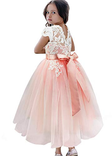 TYHTYM - Vestito da damigella in pizzo con maniche svolazzanti, per concorsi, matrimoni, balli e feste, colore bianco, Colore: rosa., 10-11 Anni