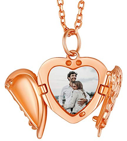 Feather Heart Locket Necklace That Holds Pictures Customizable Rose Gold, Image Photo Memory Keepsake Locket, 925 Sterling Silver Angel Wings Heart Locket Necklace for Women Girls