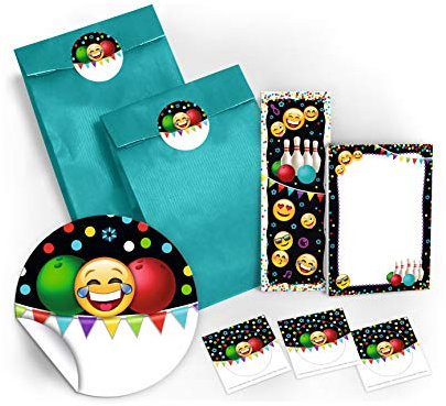 8 Lesezeichen + 8 Mini-Notizblöcke + 8 Geschenktüten/blau + 8 Aufkleber Bowling für Mitgebsel Gastgeschenke beim Kindergeburtstag Mädchen Jungen