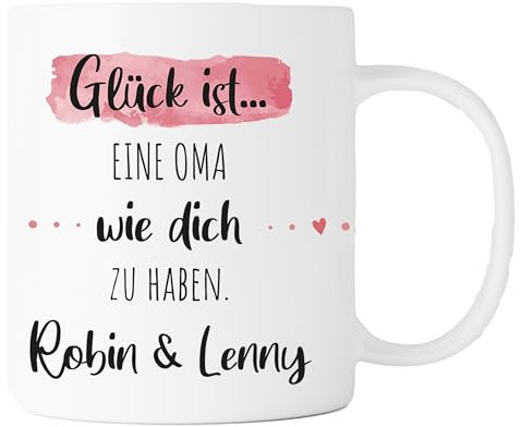 Personalisierte Kaffee-Tasse (Glück ist...) mit eigenen Wunschname. Für die Beste Freundin, Opa, Oma, Mama, Papa | Geschenk oder kleine Aufmerksamkeit | Muttertag (Glück ist... Oma, weiße Tasse))