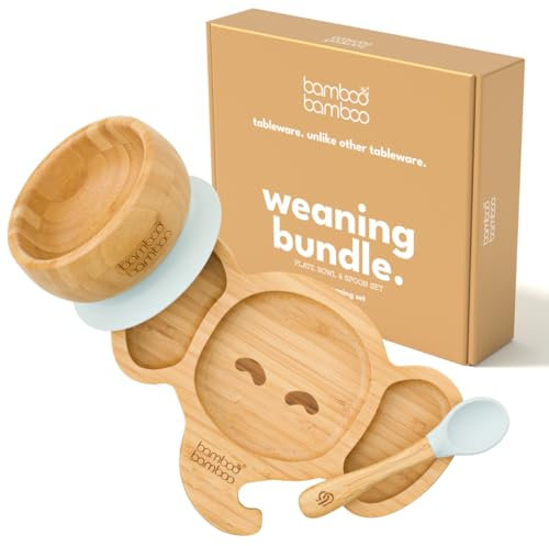 bamboo bamboo Baby Teller Baby Geschenk, Kindergeschirr set mit Sugnapf Teller Baby Schüssel und Baby Löffel, Kindergeschirr mit Saugnapf ab 6 Monaten (Elefant, Grau)