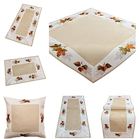 Tischdecke Tischläufer Mitteldecke Kissenhülle schicke Herbst Stickerei mit Blättern (85 x 85 cm)