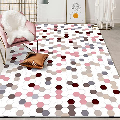 Tapis pour Chambre décoration pour Table Basse Tapis de Chambre d'enfant à Motif géométrique polygone Gris Rose Doux Durable Deco Salon Moderne 80x160cm