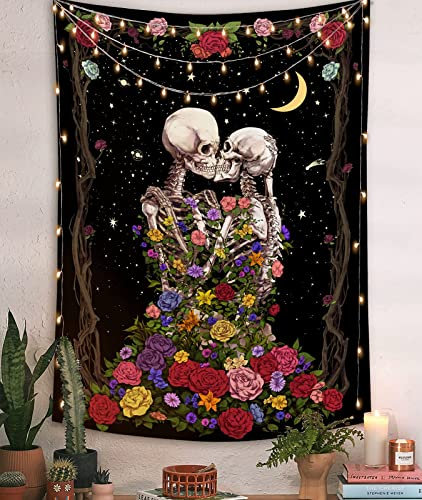 YISUMEI Wandteppich mit Totenkopf-Motiv ''The Kissing Lovers'', für Schlafzimmer, ästhetische Blumen, Sternen-Wandteppich, Wandbehang für Raumdekoration (L/150 x 200 cm)
