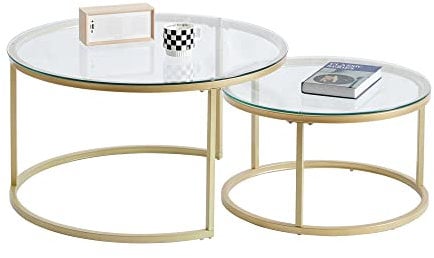GrandCA HOME Juego de 2 Mesas Nido Mesas de Centro para salón, Mesas Auxiliares 80x80x45 cm (Grande) y 60x60x35 cm (pequeña), Vidrio y Oro