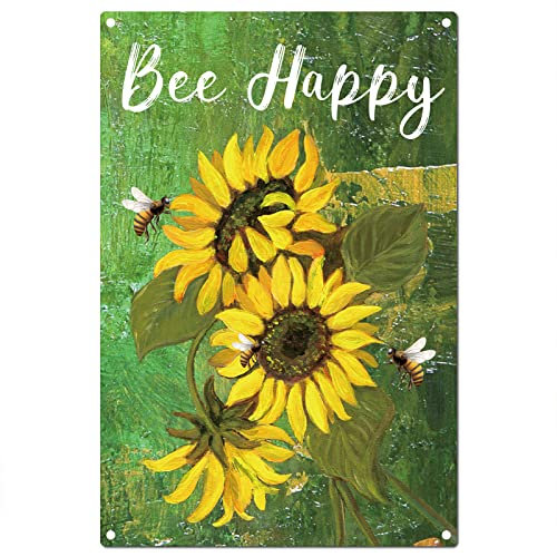 CREATCABIN Cartel de Hojalata de Metal Bee Happy Signs Sunflower Vintage Wall Art Decor Funny Rustic Farmhouse Backyard Hogar Cocina Bar Café Jardín Decoraciones 8 x 12 Pulgada