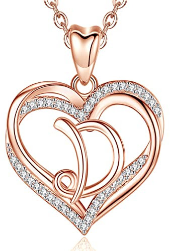 INFUSEU Collana Cuore Iniziale D per Donne Ragazze, Collane con Ciondolo Lettera in Oro Rosa Cubic Zirconia Gioielli da Donna Regali Romantici per Coppia, Catena da 20 Pollici